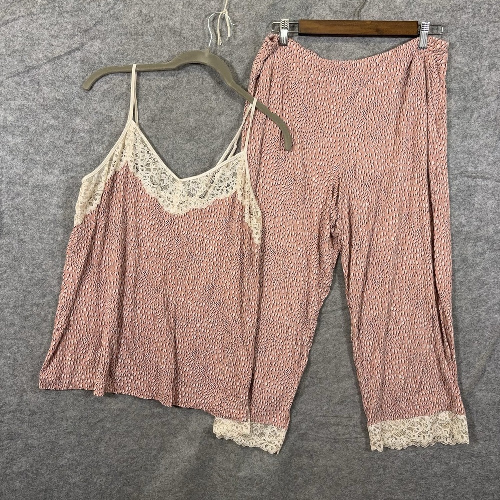 Soma Crop Pajama Set Womens Sz L Pink Geometric Lace Lightweight Pockets
